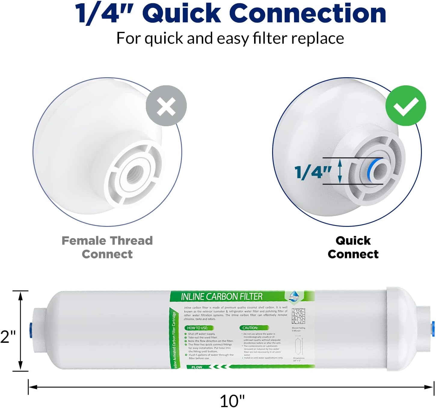 T33 1/4" Inline Post Carbon Filter Cartridge with Tube Fitting (Pack of 2)