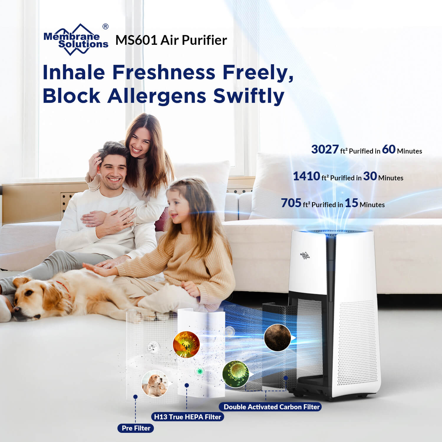 MS601 Extra Large Room Air Purifier For Allergen Remover